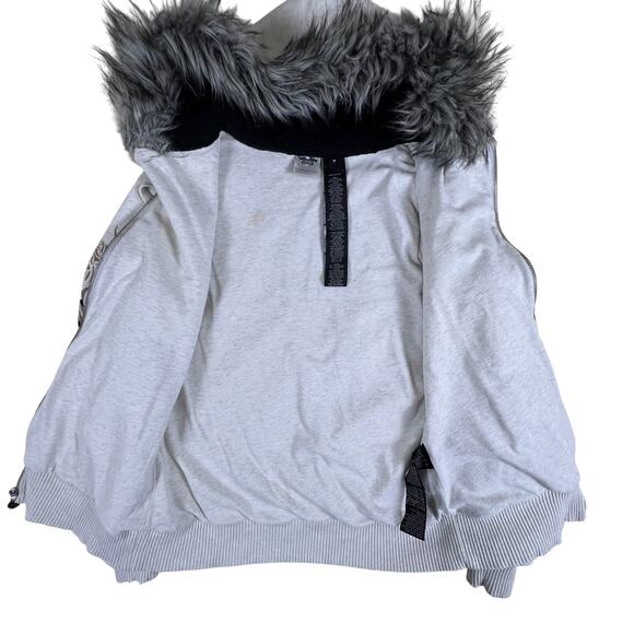 Vintage Harley Davidson Fur Trim Zip Hoodie M Gray Felted Logo Y2K Tattoo Style - Picture 6 of 16
